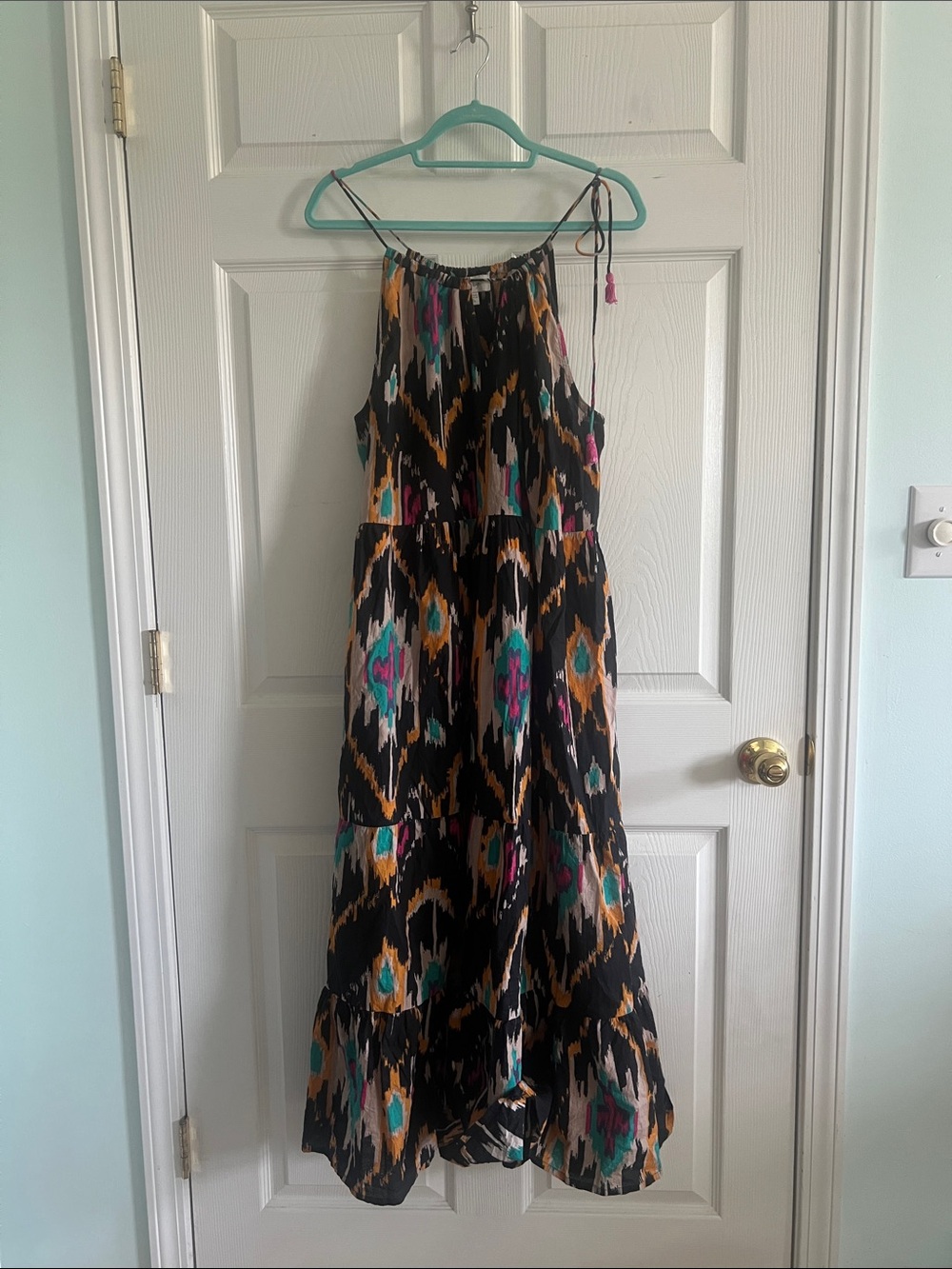 Charlie Paige Black Ikat Maxi Dress with Teal, Pink & Mustard Accents